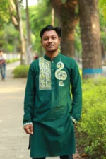 আলপনা শাড়ির সাথে পাঞ্জাবি – সবুজ Cotton Panjabi - Image 3