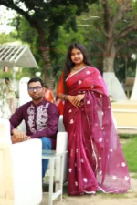 Maroon Blossom Semi-Muslin Shari – দাম্পত্য ছন্দে হাতে আঁকা সৌন্দর্য - Image 6