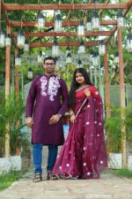 Maroon Blossom Semi-Muslin Shari – দাম্পত্য ছন্দে হাতে আঁকা সৌন্দর্য - Image 8