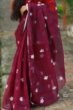 Maroon Blossom Semi-Muslin Shari – দাম্পত্য ছন্দে হাতে আঁকা সৌন্দর্য - Image 4