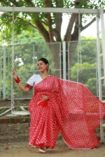 Lal Koli – লাল-সাদা ব্লক প্রিন্টেড সেমি মসলিন শাড়ি