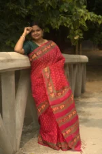 Raktabindu Muslin – রক্তরাঙা লালে শোভিত হাতের ব্লকপ্রিন্ট শাড়ি - Image 4